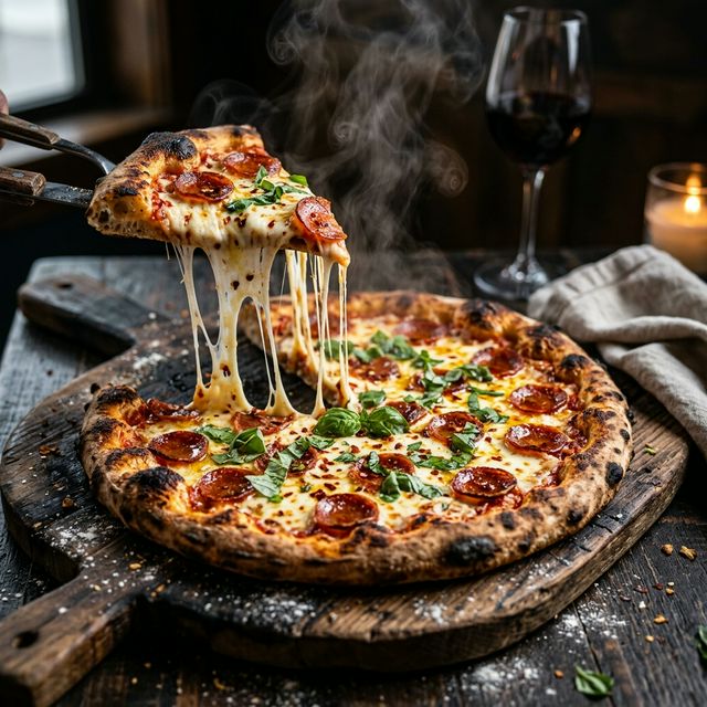 Pizza artesanal de pepperoni com queijo derretido